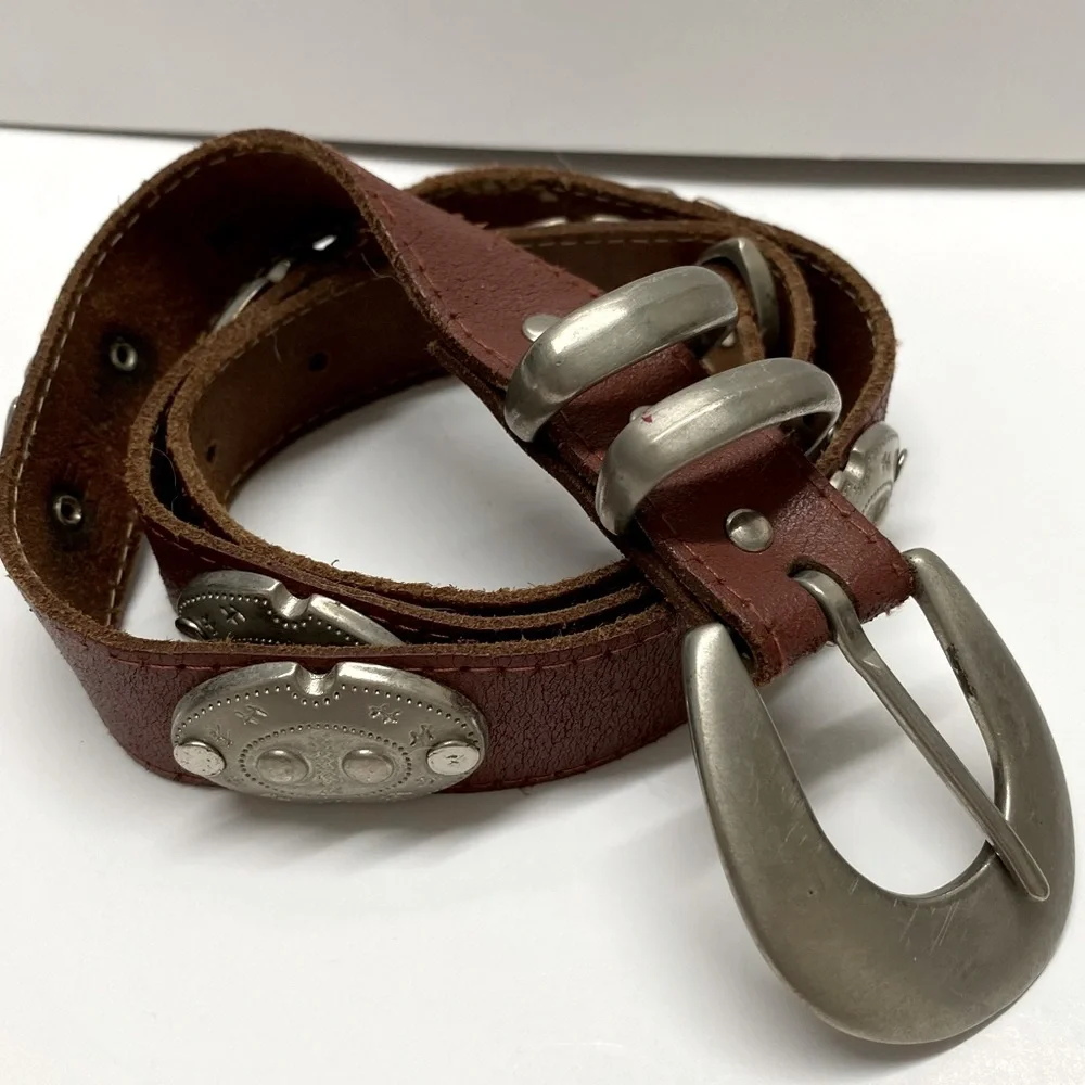 Access Genuine Leather Brown Belt Silver Buckle Conchos Western Rodeo Moto Sz M